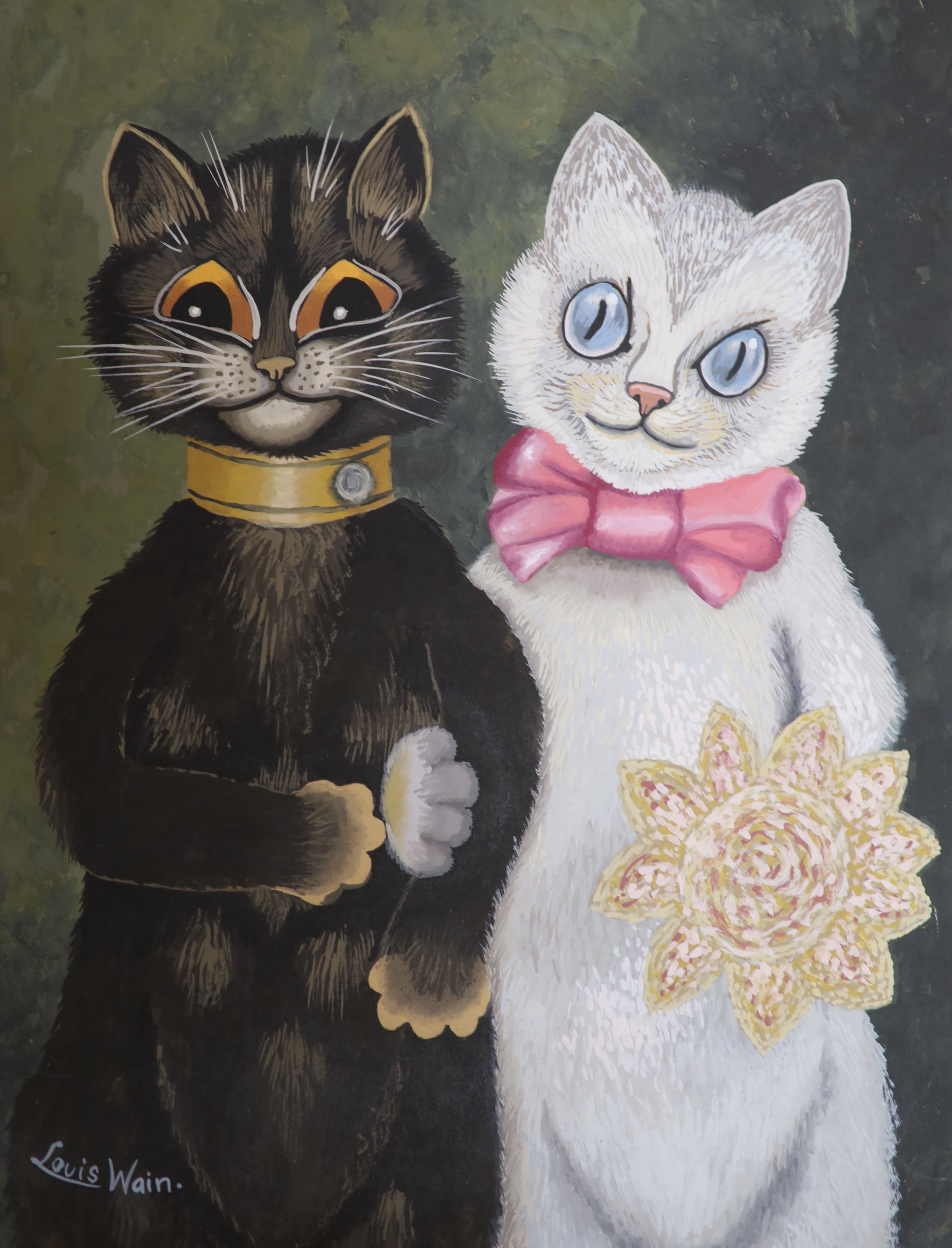 After Louis Wain, gouache, Cat bride and groom, bears signature, 41 x 31cm, unframed